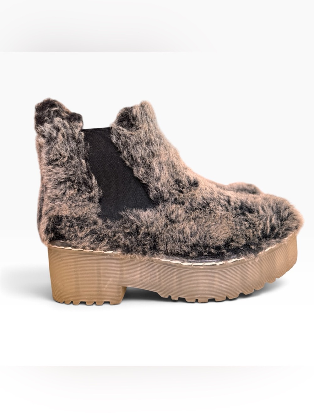 Jeffrey Campbell Size 7.5 Fur Chelsea Boots Platform Clear Lug Sasquatch Retro